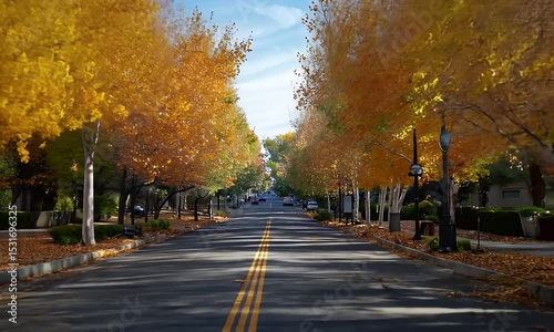 Autumnal Street With Golden Trees Lining The Road Under A Clear Blue Sky In Daylight