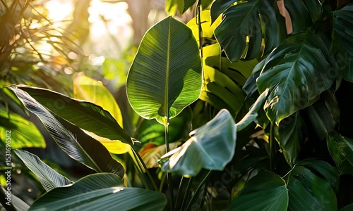 Lush Green Tropical Foliage Close Up with Warm Sunlight and Bokeh Effect Ideal for Nature Backgrounds