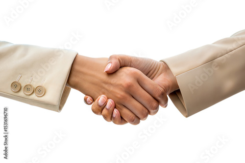 Ai generated image of a firm handshake between two women in beige jackets, isolated on transparent background