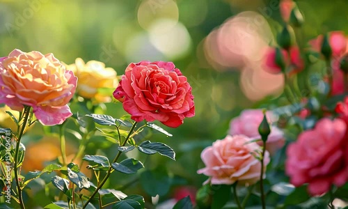 Assorted Color Roses Blooming Profusely in a Garden with a Lush Green Background in Soft Lighting
