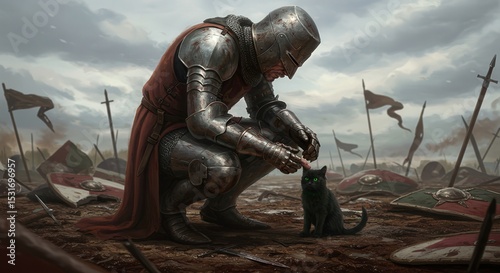 Knight kneeling to pet black cat on battlefield with fallen shields  