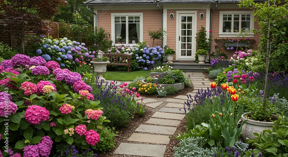 Naklejka premium Vibrant Hydrangea Garden Path Landscaping Design Ideas for a Stunning Backyard Oasis