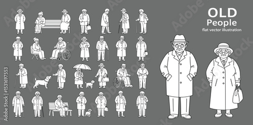Flat vector illustration collection old people monochrome version