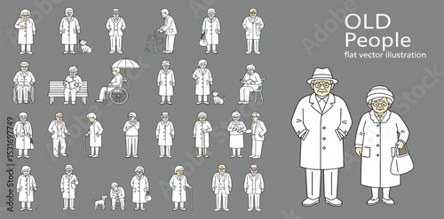 Flat vector illustration collection old people monochrome version