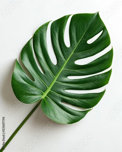 Vibrant Green Monstera Deliciosa Leaf Isolated on White Background Stock Photo