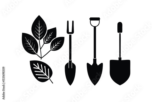 Autumn gardening tools and leaves in flat lay style vector art illustration