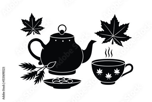 Cozy autumn tea setup with mugs and candles vector art illustration