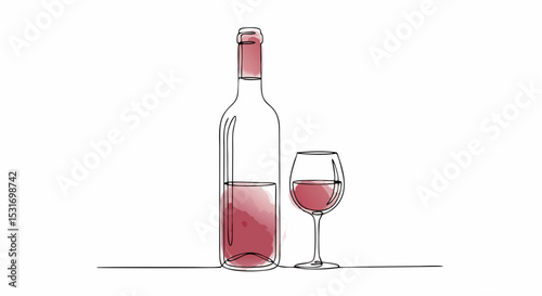 Wine bottle and wine glass one line drawing with watercolor fill, minimalistic vector illustration on white background

