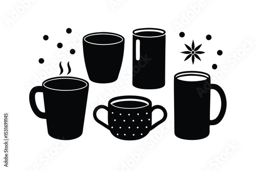 Warm drinks and mugs flat lay in fall atmosphere vector art illustration