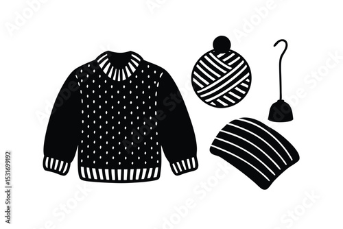 Wool sweaters and knit accessories cozy flat lay vector art illustration