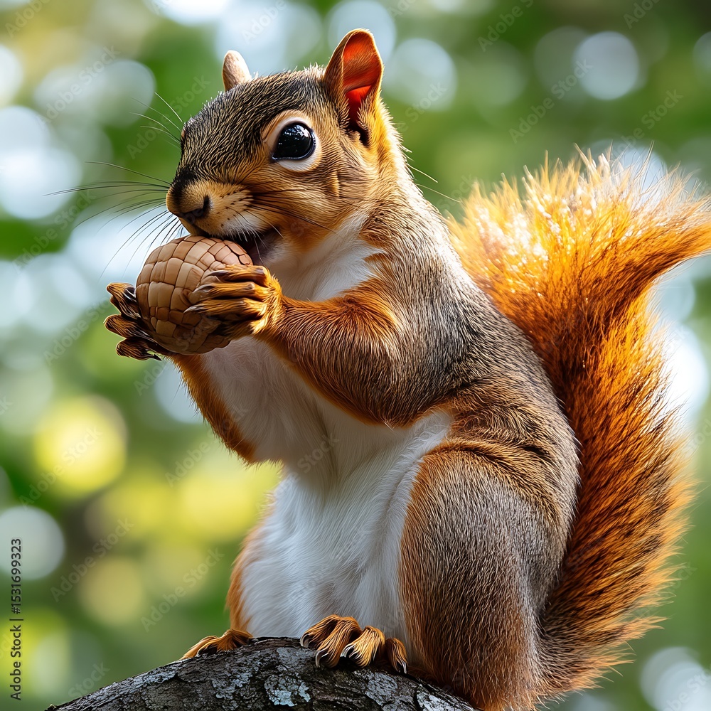 Obraz premium Adorable reddish-brown squirrel enjoying a walnut