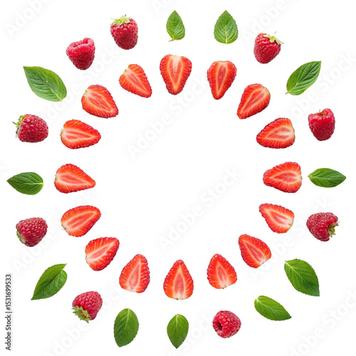 Raspberry & Strawberry fruits with leaves, isolated. Slices of strawberry, Leaves, Raspberry fruits, isolated