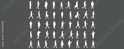Collection of People Silhouettes Vector Illustration, Business and Casual Walking Poses, Man and Woman Standing, Dark Background, White Editable Icons for Graphic and Web Design