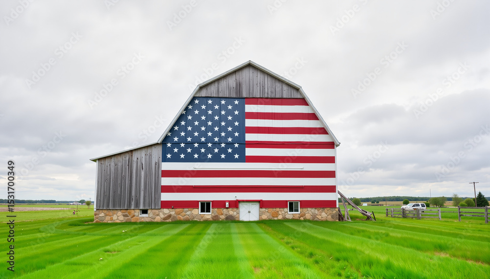 Fototapeta premium American flag barn against cloudy sky