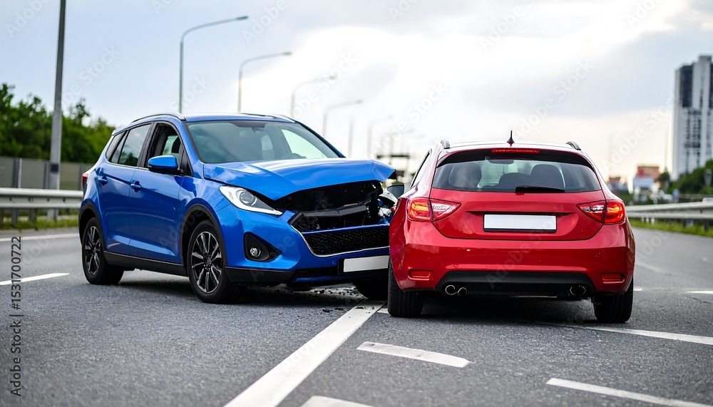 Fototapeta premium A blue car has crashed into the back of a red car, causing damage and a traffic incident.