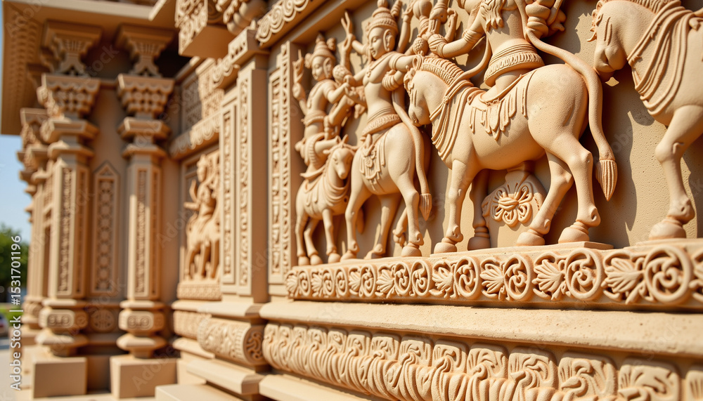 Fototapeta premium Intricate sandstone carvings of horses and figures in temple architecture