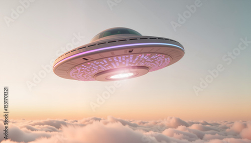 UFO hovering above clouds at sunset