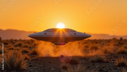 Wallpaper Mural UFO hovering in desert at sunset Torontodigital.ca