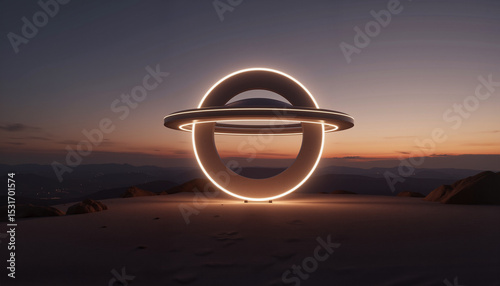 Futuristic glowing ring structure against sunset landscape