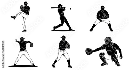 Baseball players' action silhouettes set