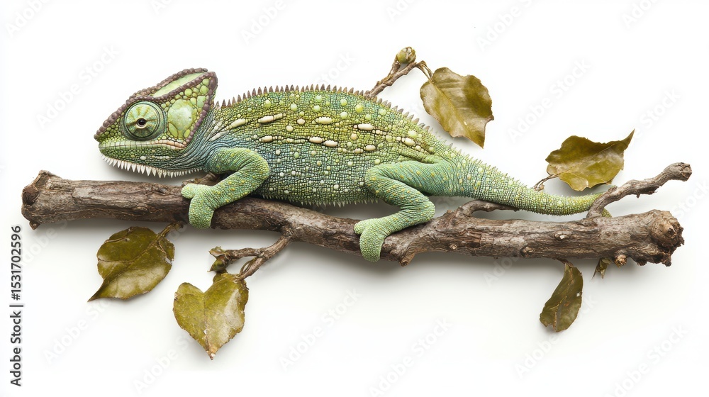 Obraz premium Green chameleon perched on a tree branch with leaves, isolated on white background.