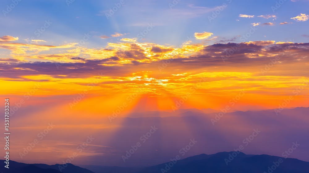 Fototapeta premium Spectacular sunset over mountains with lightrays