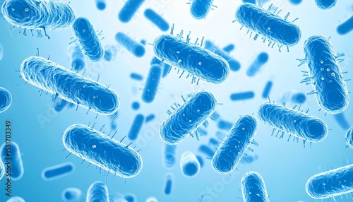 Abstract illustration of floating bacteria in a microscopic view, showcasing their unique shapes and textures against a soft blue background
