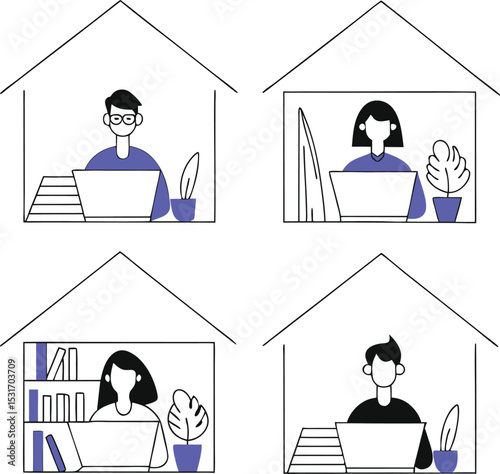 Diverse People Working Remotely from Home – Inclusive Remote Work Vector Set