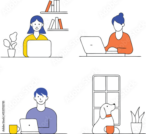 Diverse People Working Remotely from Home – Inclusive Remote Work Vector Set