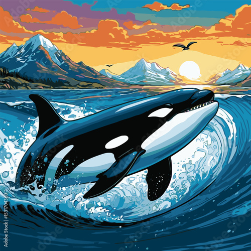 illustration of an orca whale in the sea