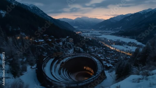 Modern spiral architecture nestled in snowy mountain valley at twilight hour