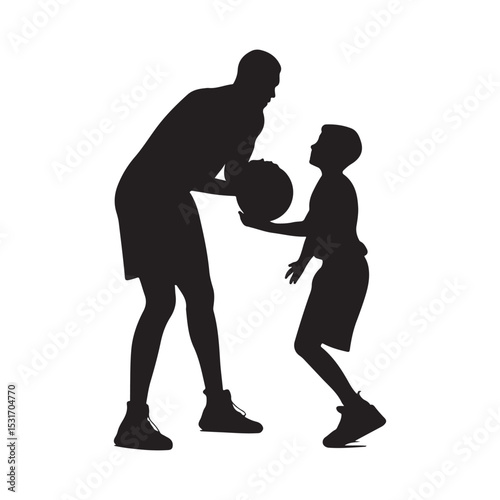 Silhouette of father and son playing basketball together sports activity family time outdoor game training