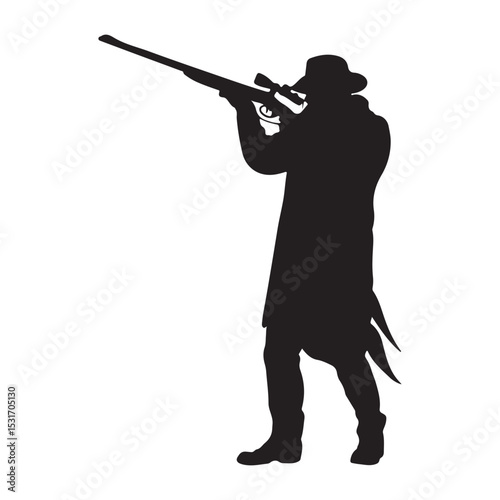 Sniper silhouette vector art: man with rifle aiming, military, hunter, shooter, weapon, target, black shape