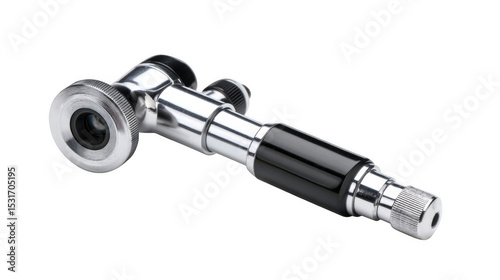 Medical otoscope lying on a transparent background, featuring a lens, handle, and light source, used by doctors and healthcare professionals for ear examinations