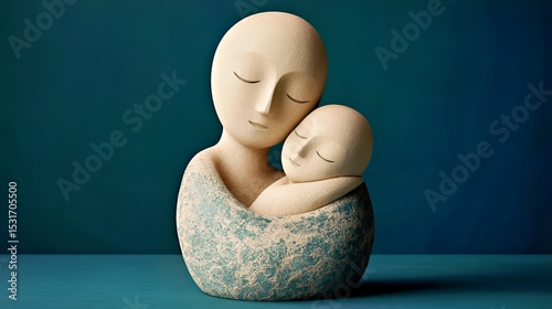 Emotional bond between a mother and child captured in a minimalist sculpture.