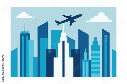 Airplane Flying Over Glass Skyscrapers Financial District Vector