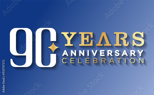 90th anniversary celebration background. with white numbers and gold anniversary on blue background, for greeting cards, events