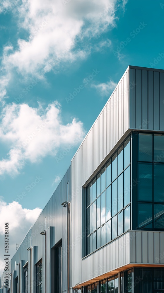 Fototapeta premium Modern Industrial Building Exterior with Large Windows