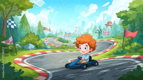A cheerful boy racing a go-kart on a vibrant track surrounded by scenic landscapes