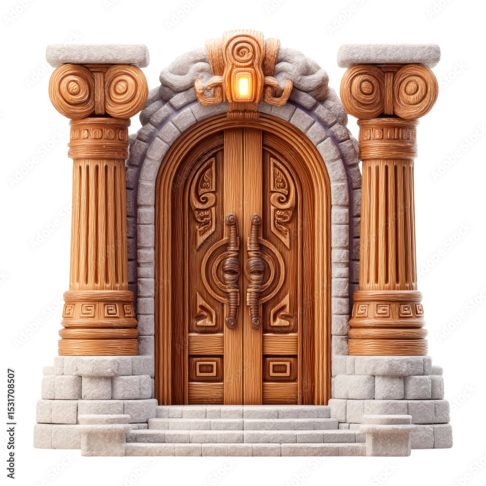 Fototapeta premium Ornate Wooden Doorway With Stone Columns