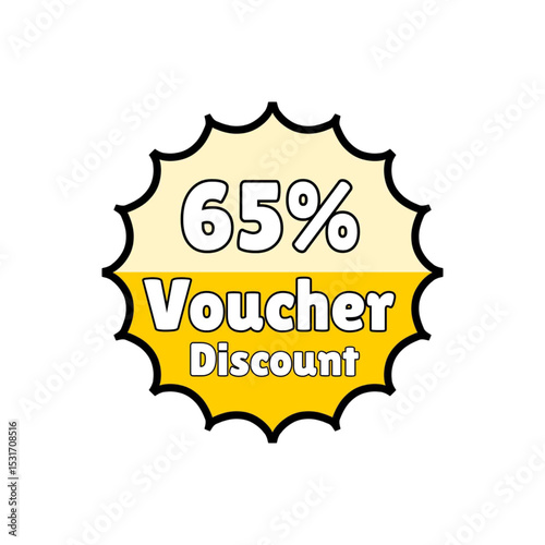 65% discount coupon in jagged round yellow, best voucher.