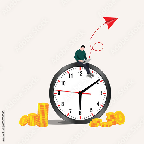 A man with a laptop is sitting on a big clock, art collage. New creative ideas. Contemporary art collage