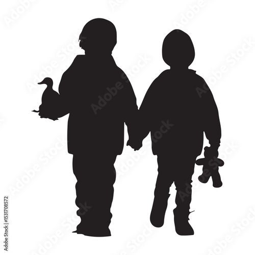Silhouette art print of two children holding hands with toys duck and teddy bear vector illustration