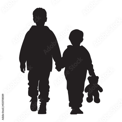 Silhouette of two young children holding hands with teddy bear vector illustration art design element