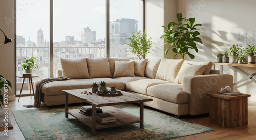 Bright and spacious living room featuring comfortable sectional sofa and city view