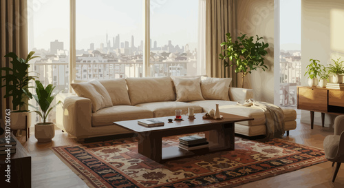 Elegant living room interior with city views and natural sunlight ambiance