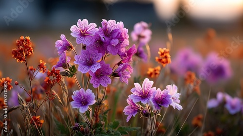 Vibrant purple wildflowers bloom in golden meadow