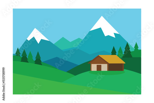 Remote Cabin in Alpine Green Valley Vector 