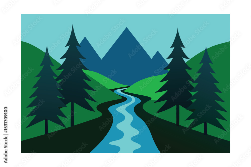 Fototapeta premium Pine Forest Valley Stream Vector Illustration