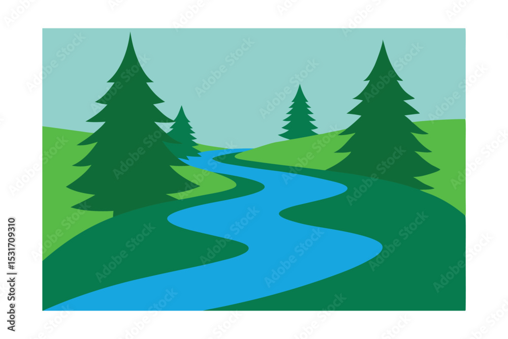Fototapeta premium Peaceful Riverbend with Green Pine Banks Vector 